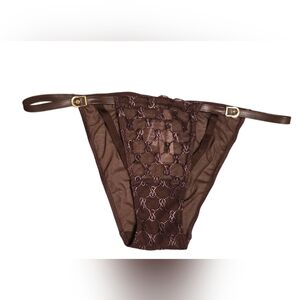 Victoria's Secret String Bikini Embroidered Logo in Brown Lace Mesh Size S NWT